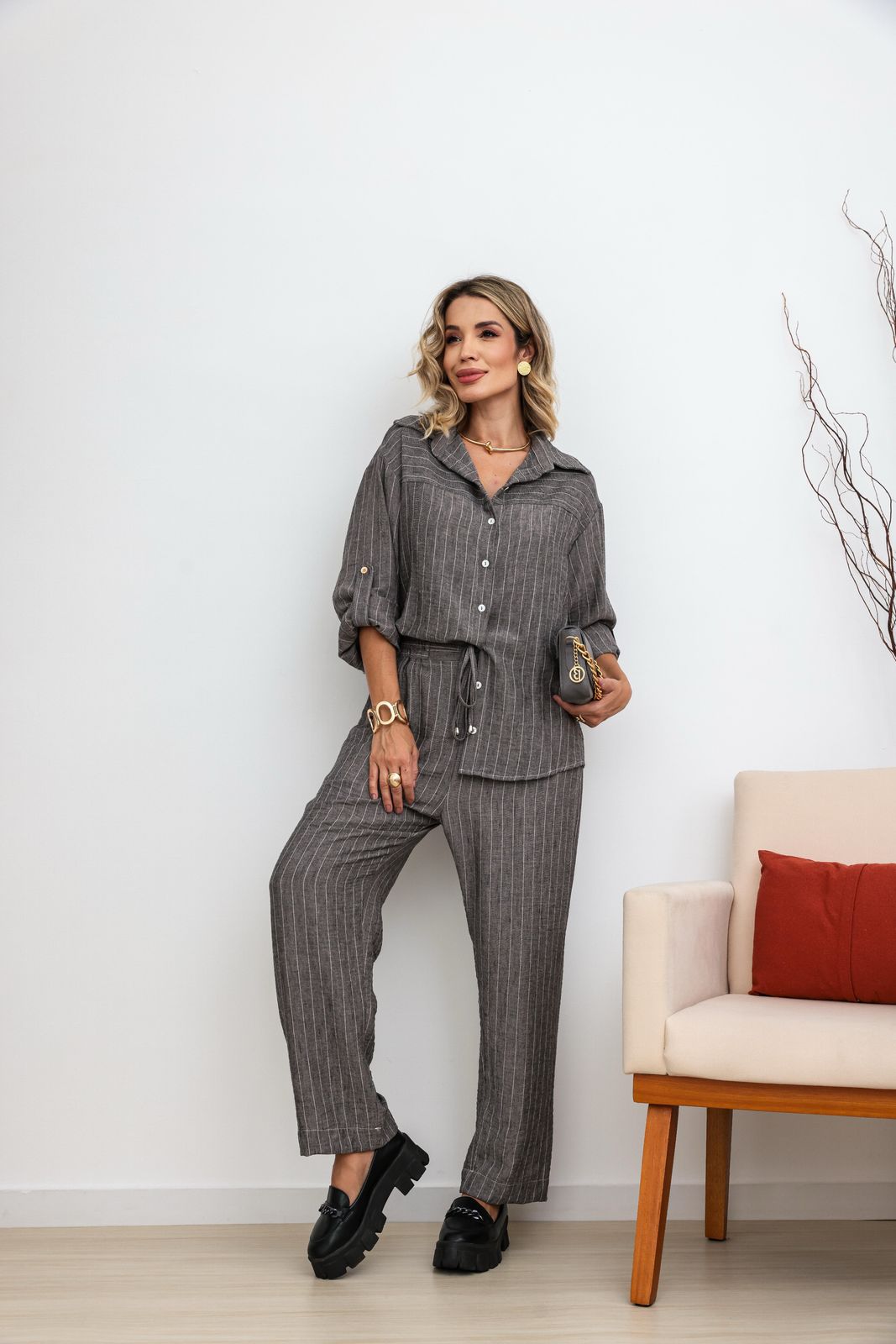 Conjunto Linho Stripes - Grafite