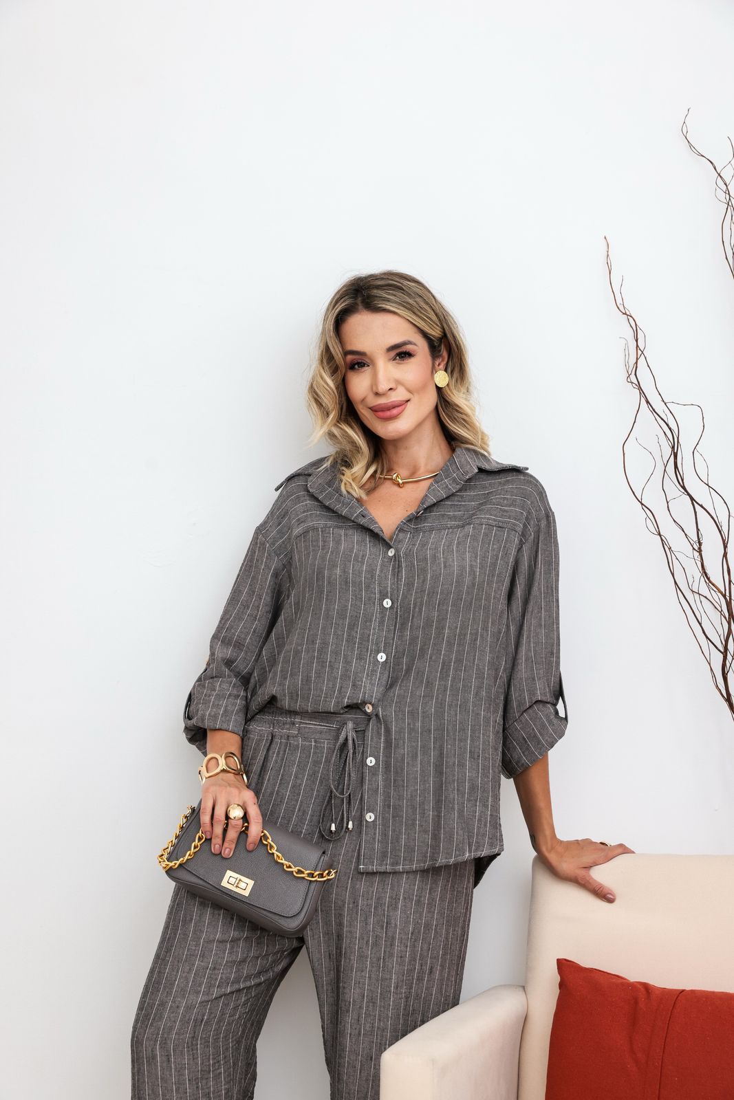 Conjunto Linho Stripes - Grafite