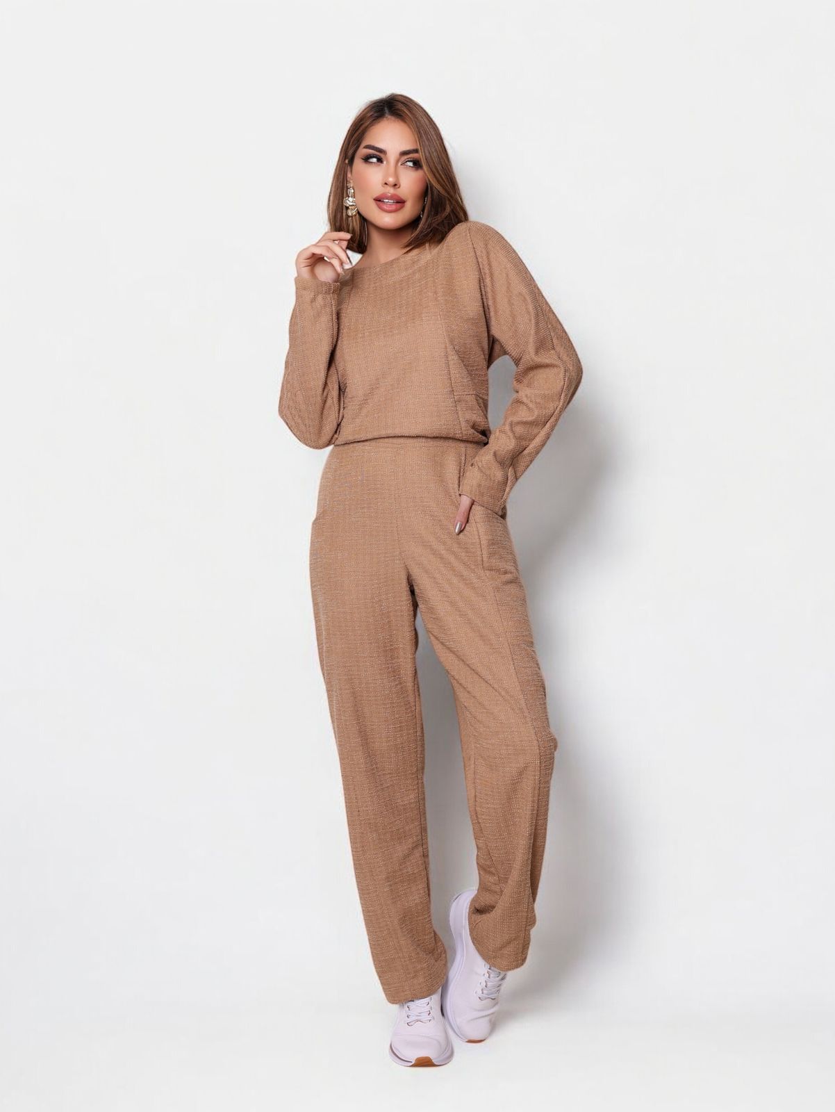 Conjunto Malha Boucle - Bege