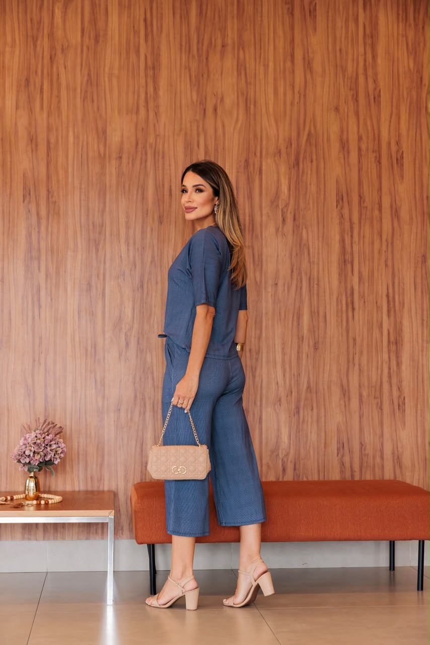 Conjunto Panthacour Saudita - Azul jeans Microlistrado