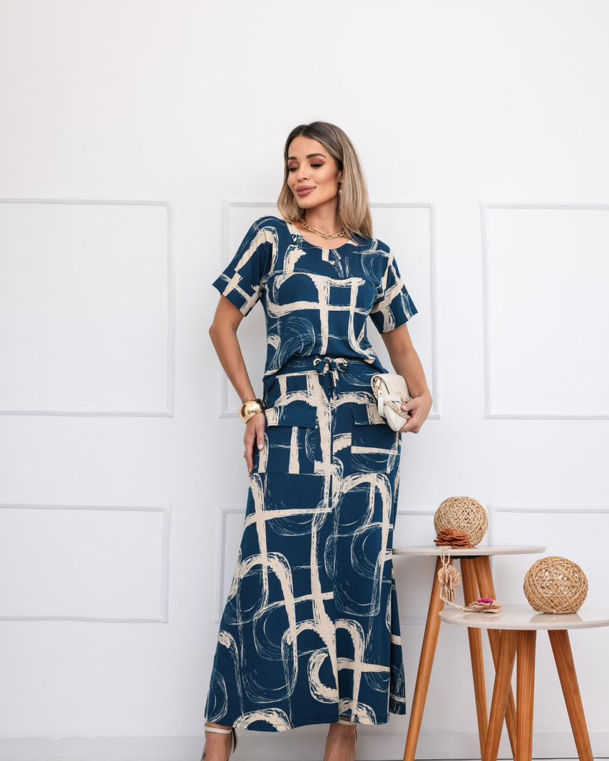 Conjunto Saia Nevada - Estampado Azul Marinho
