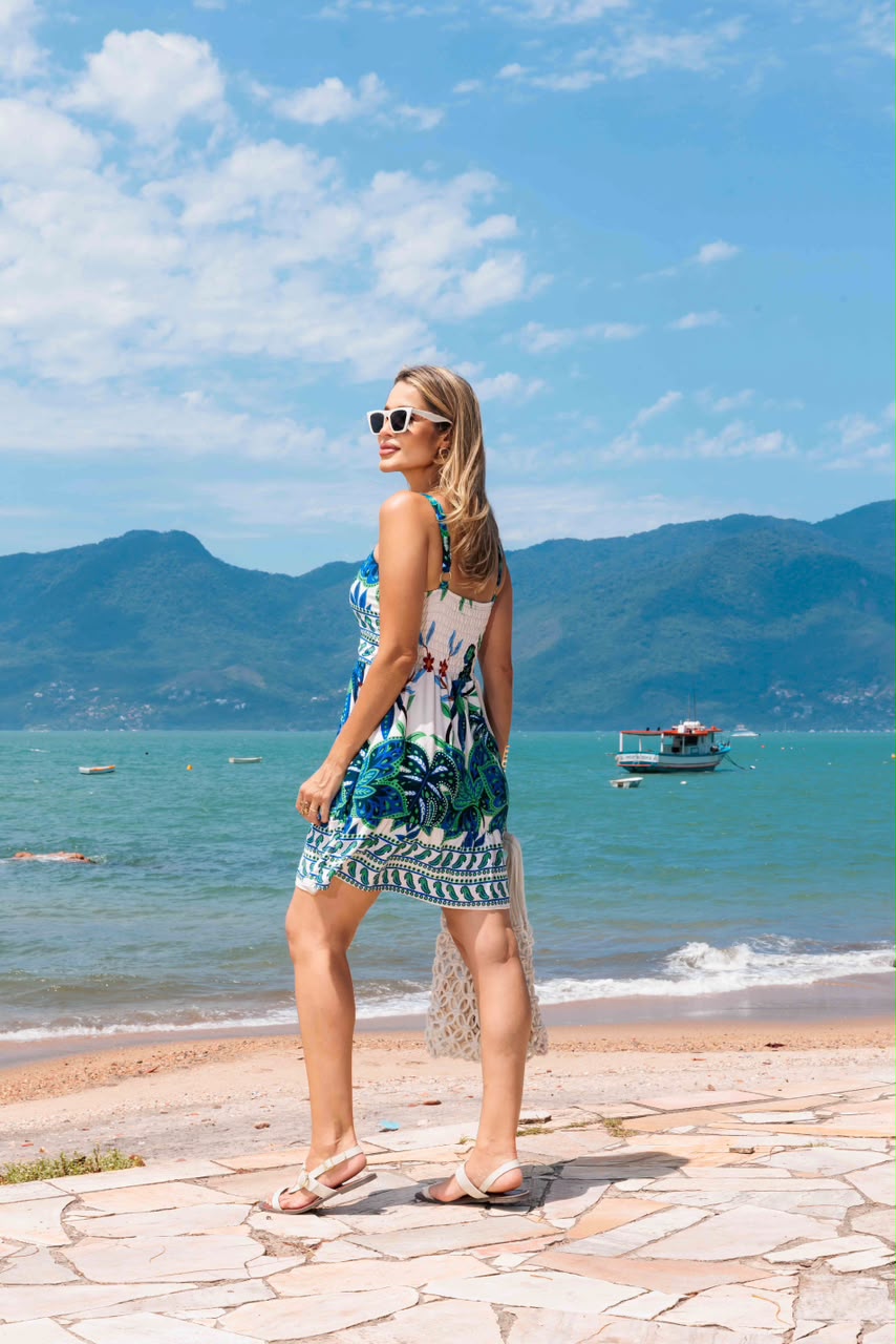 Vestido Beach - Folhagem Azul/Verde