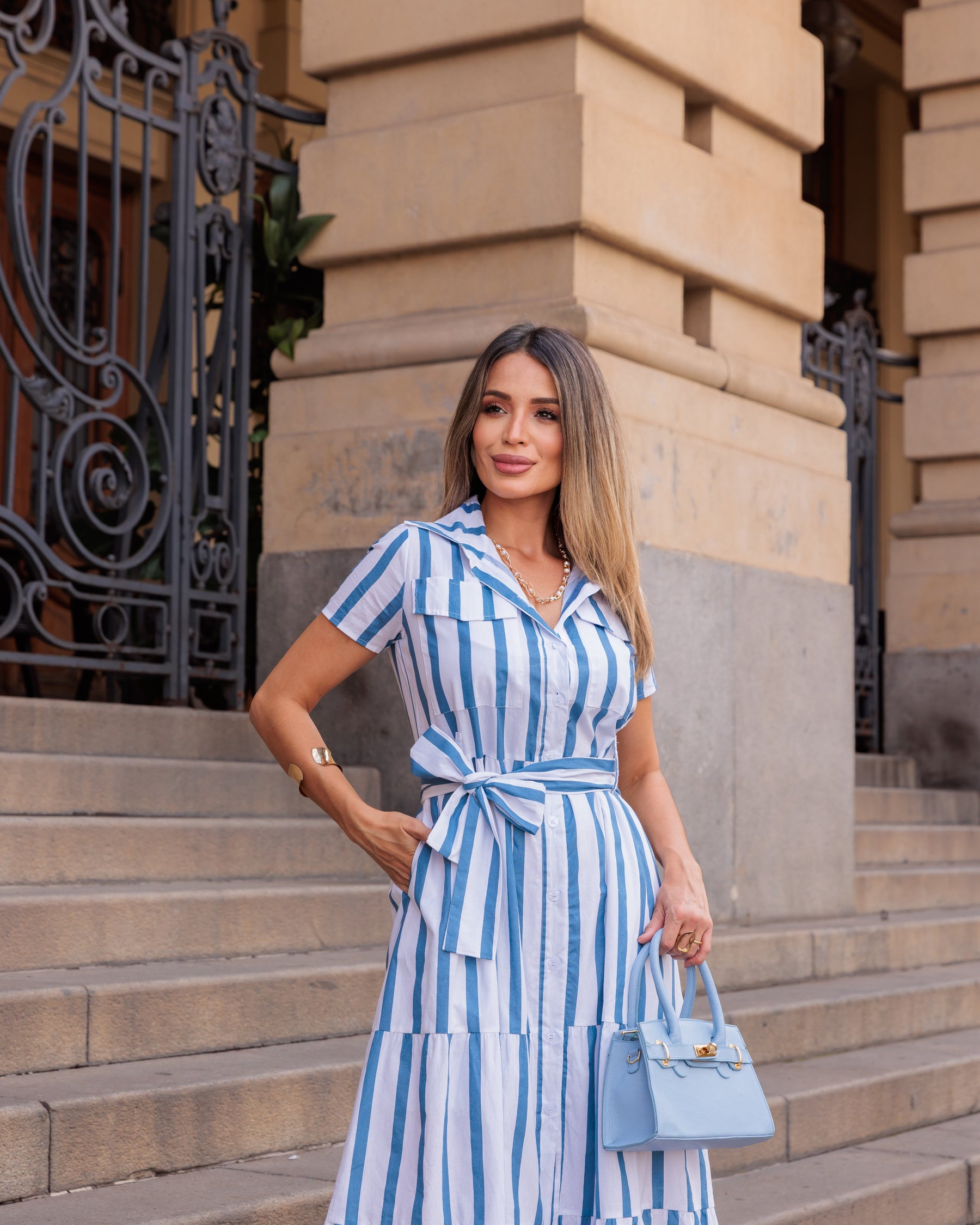 Vestido Romano - Azul/Off