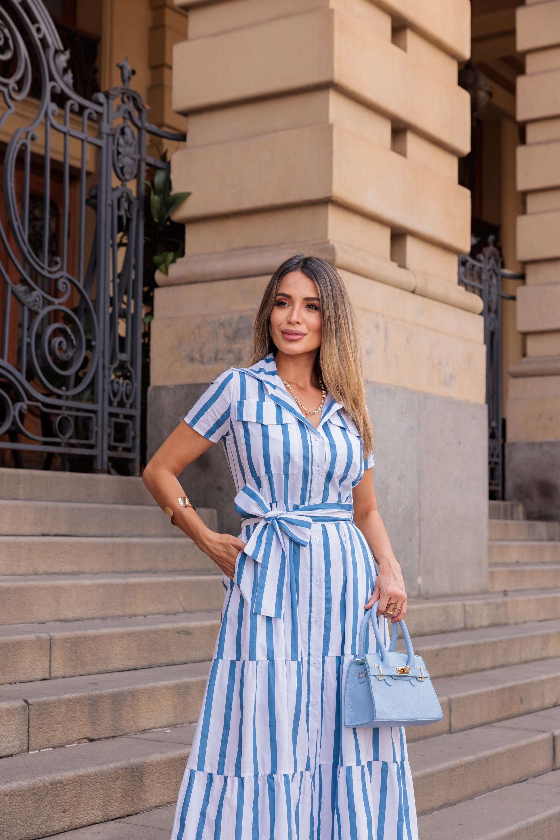 Vestido Romano - Azul/Off