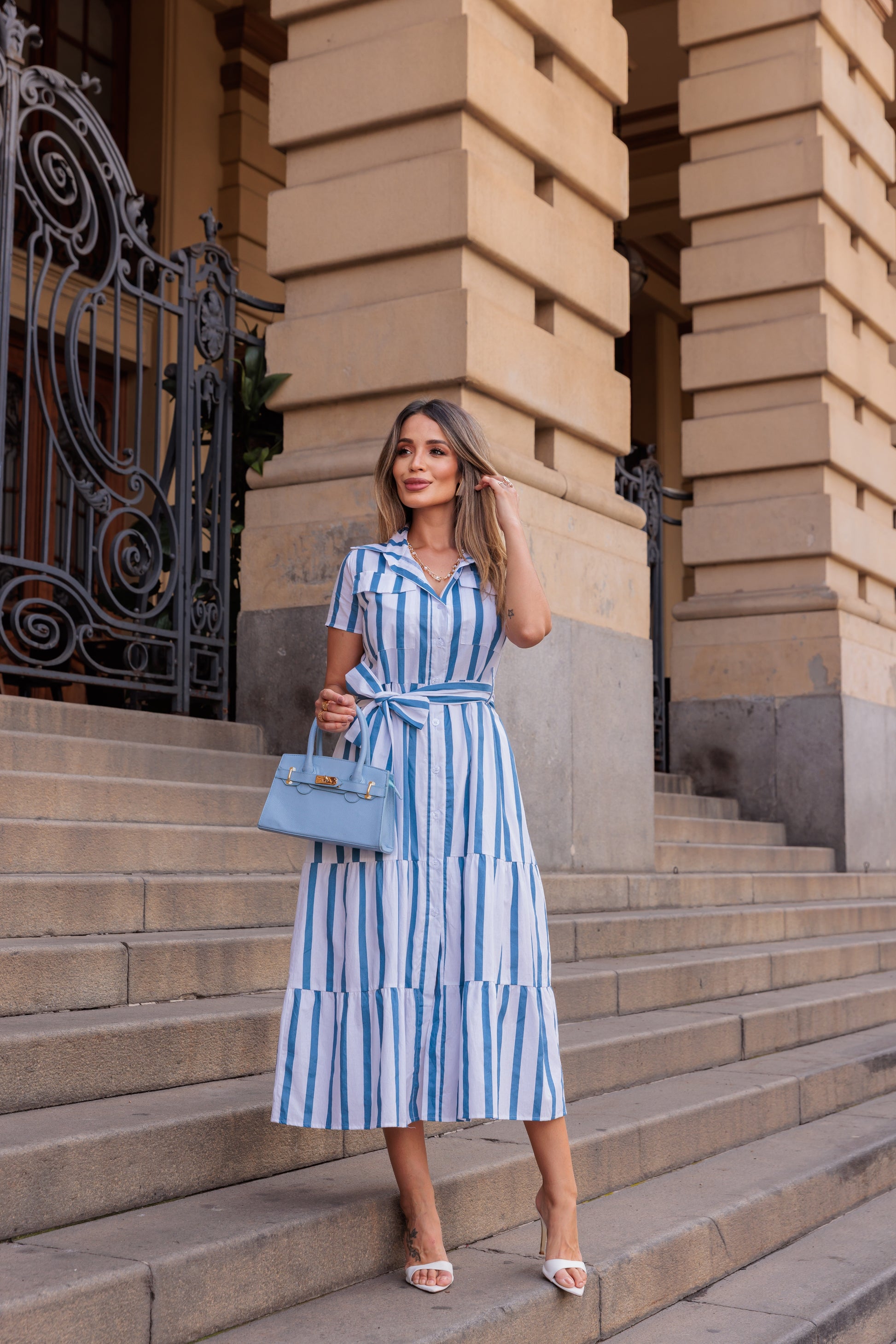 Vestido Romano - Azul/Off