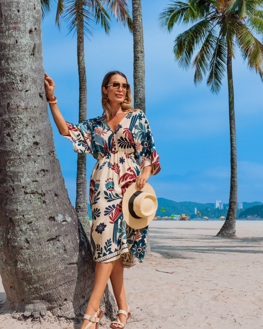 Vestido Tropical - Estampado Bordo/Azul