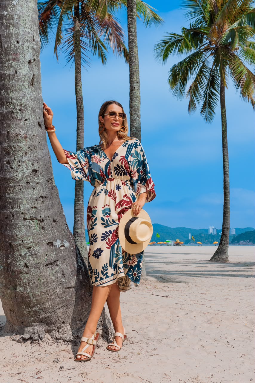 Vestido Tropical - Estampado Bordo/Azul