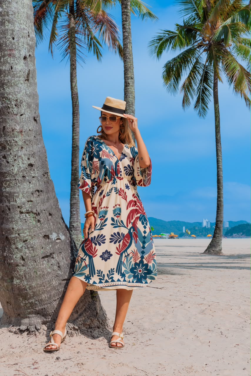 Vestido Tropical - Estampado Bordo/Azul