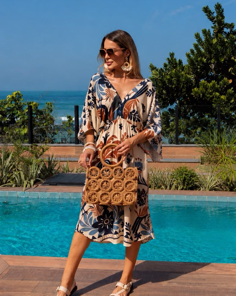 Vestido Tropical - Estampado Caramelo/Azul Marinho
