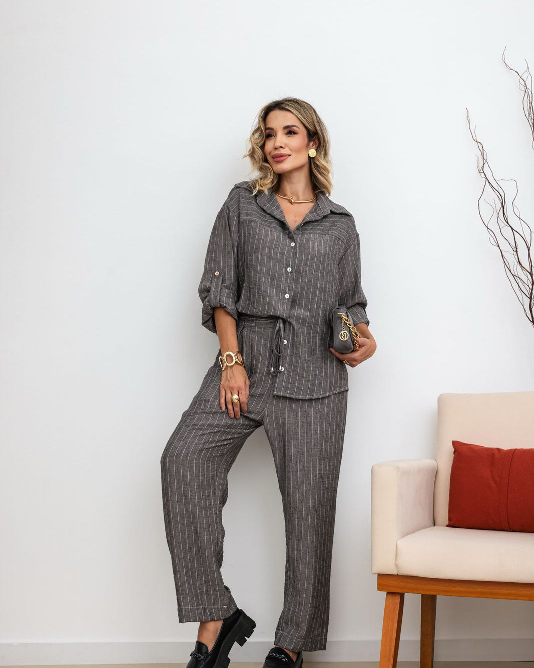 Conjunto Linho Stripes - Grafite