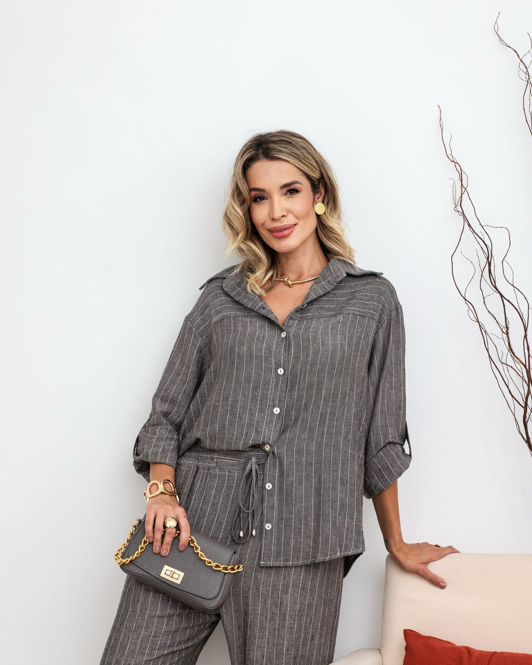 Conjunto Linho Stripes - Grafite