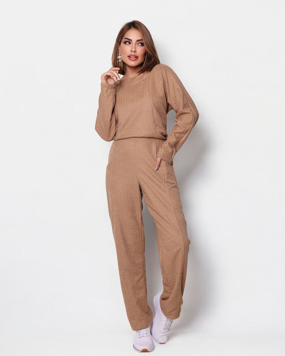 Conjunto Malha Boucle - Bege