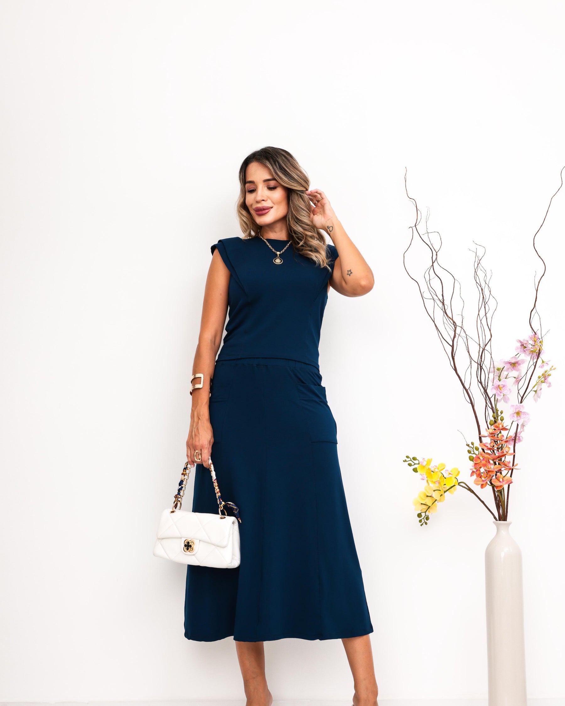 Conjunto Saia Fiorella - Azul Marinho