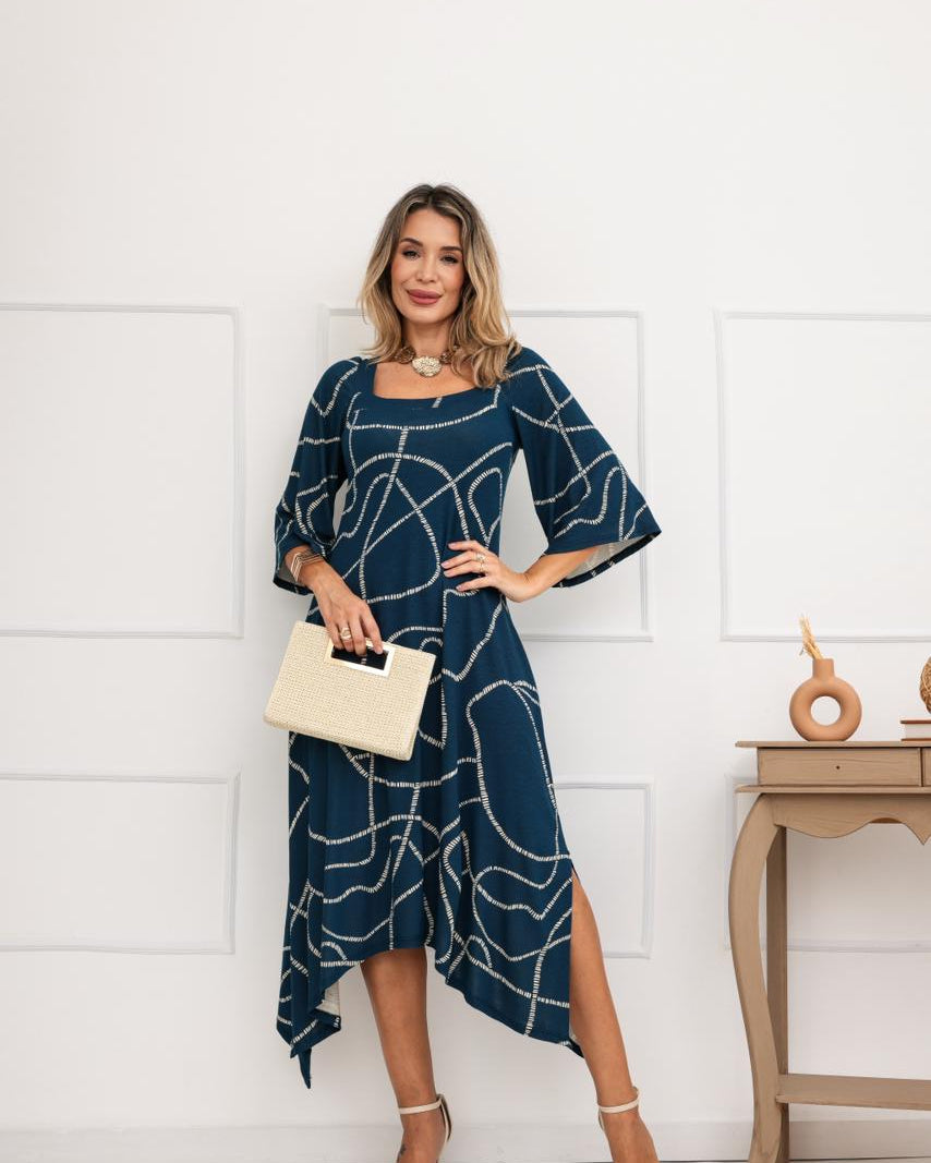 Vestido Burguesa - Estampado Azul Linear