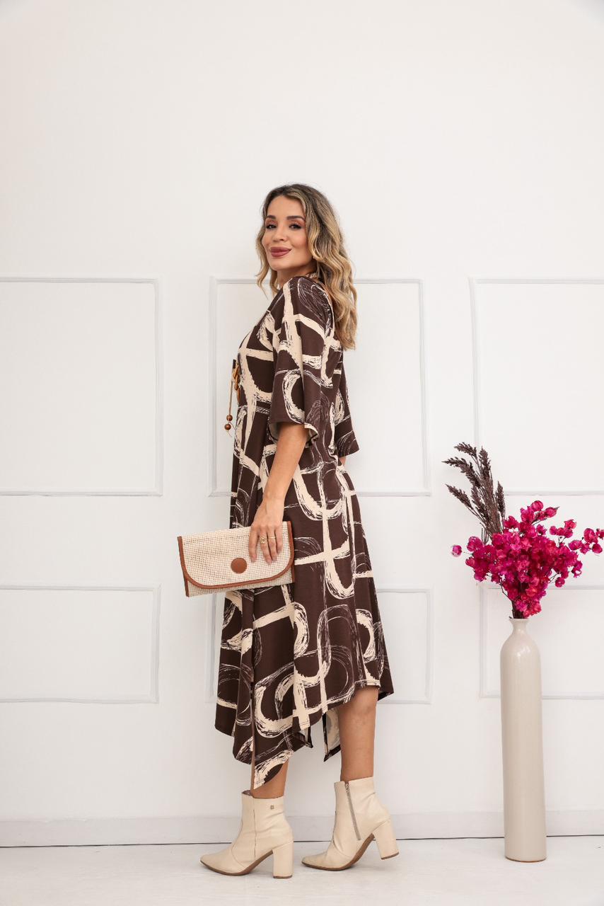 Vestido Burguesa - Estampado Marrom Orgânico
