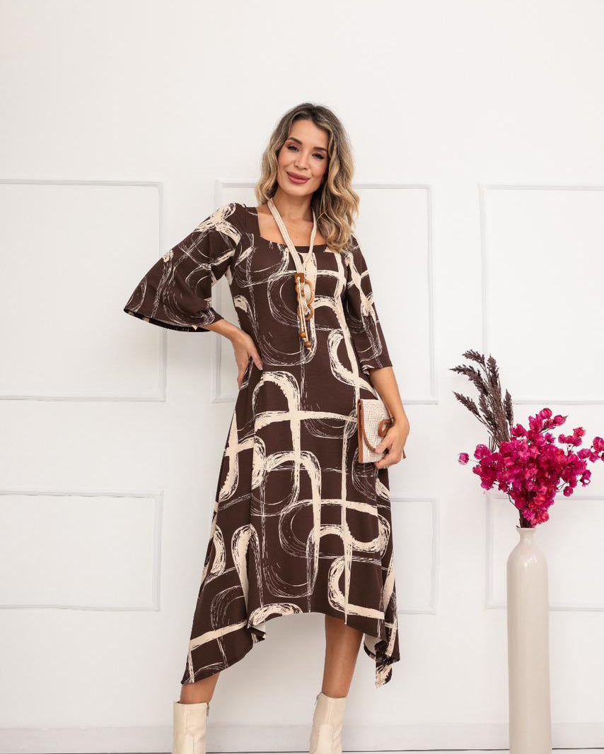 Vestido Burguesa - Estampado Marrom Orgânico