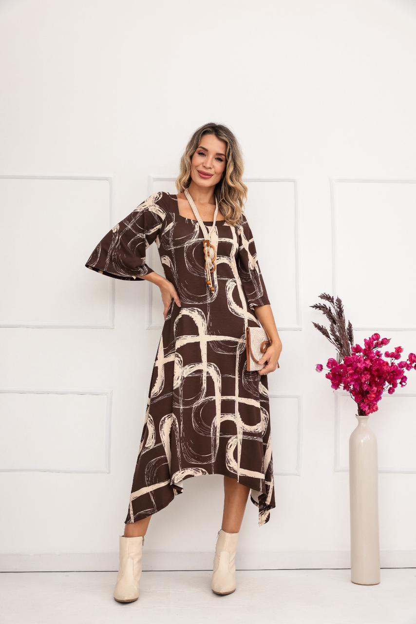Vestido Burguesa - Estampado Marrom Orgânico