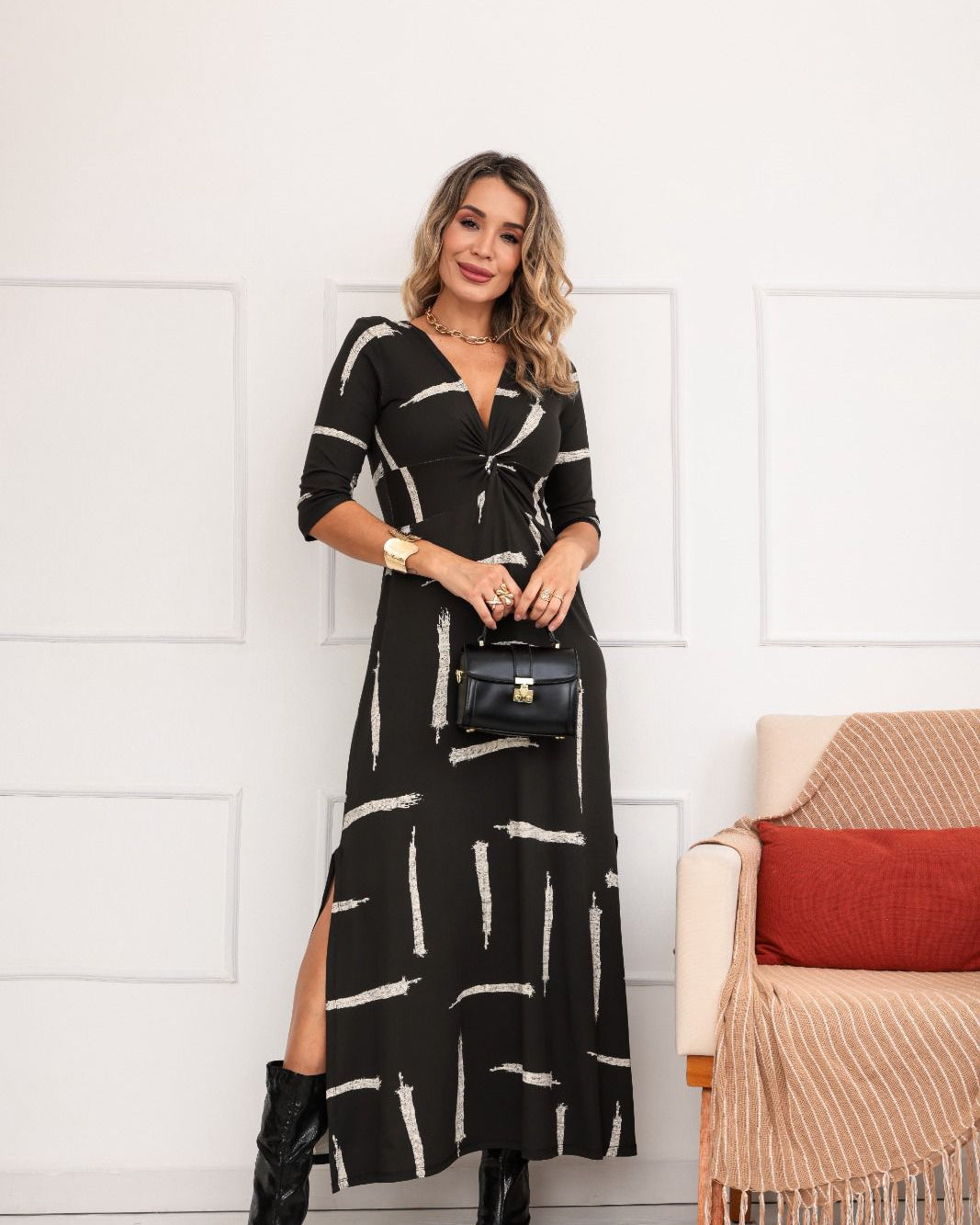 Vestido Safari - Estampado Preto Abstrato