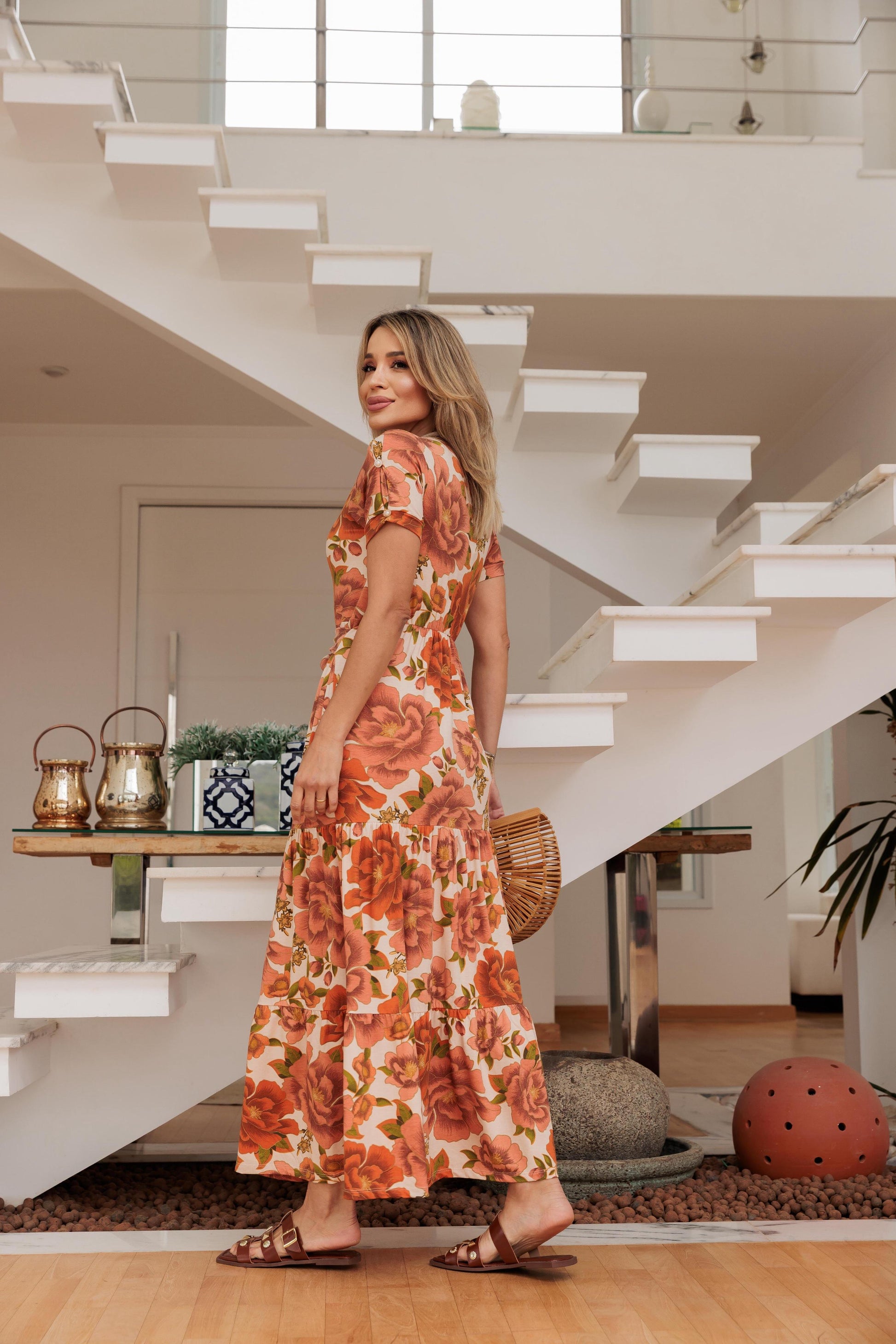 Vestido Três Marias - Floral Laranja