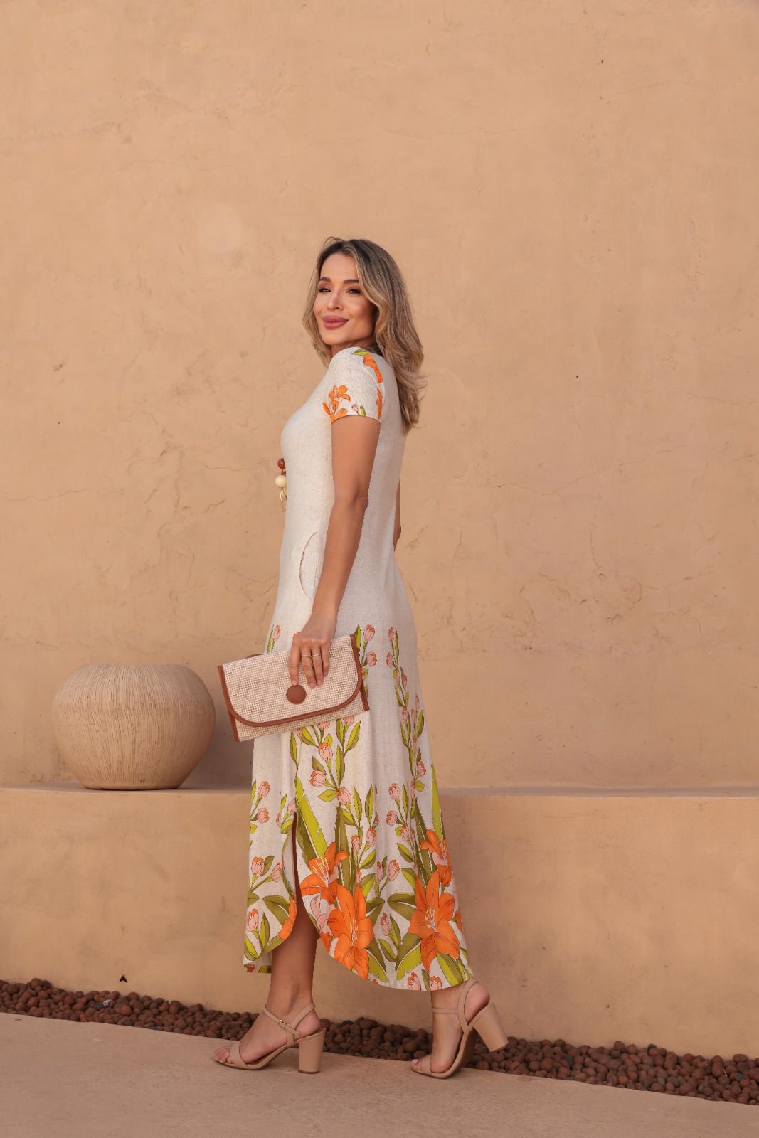 Vestido Tropical Estampado - Floral Laranja