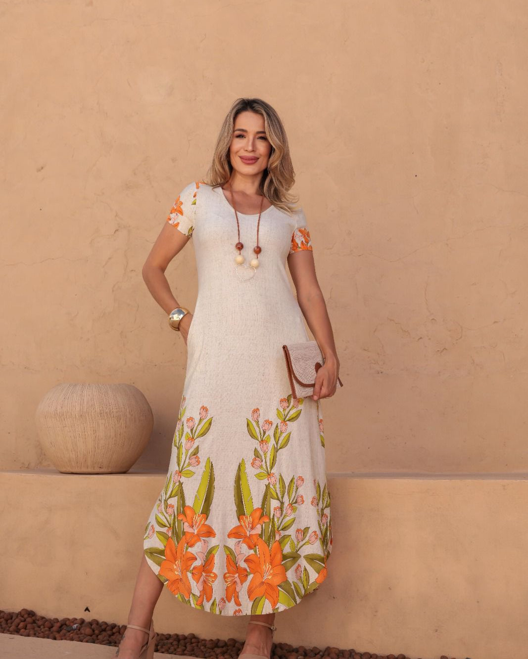 Vestido Tropical Estampado - Floral Laranja