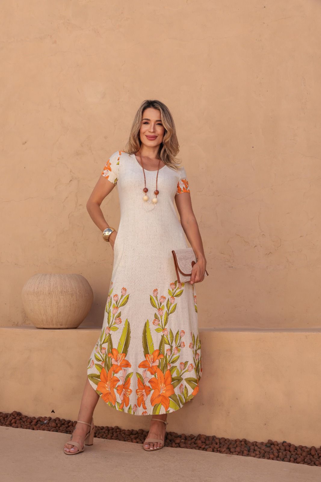 Vestido Tropical Estampado - Floral Laranja